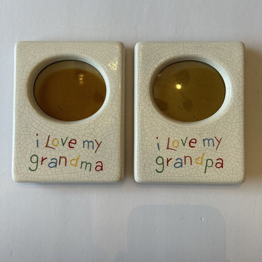 Vintage Russ Berrie Grandma Grandpa Photo Frames Ceramic Crackle Glaze Pair